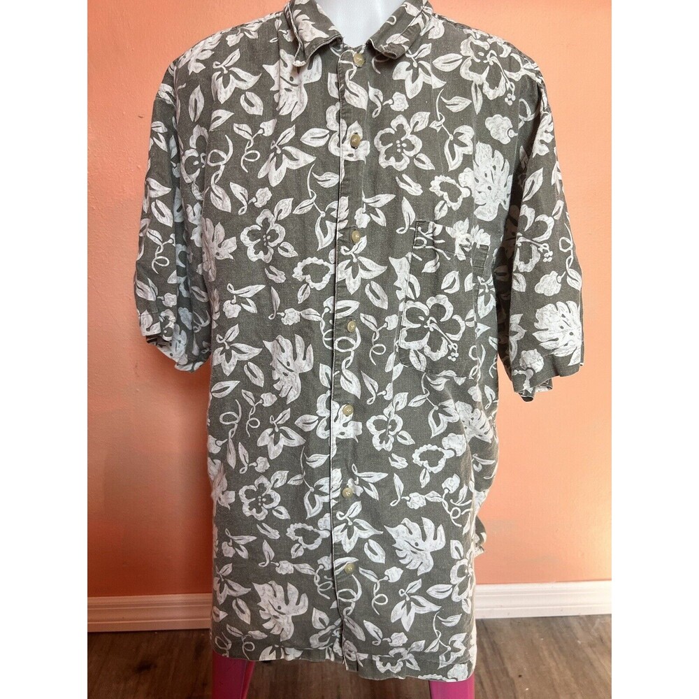 Vintage 90s Bugle Boy Hawaiian Shirt Mens Large Faded Green Short Sleeve